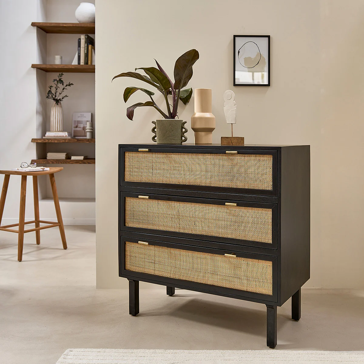 Cómoda de mango macizo y rejilla negra de 90 cm - Image 3
