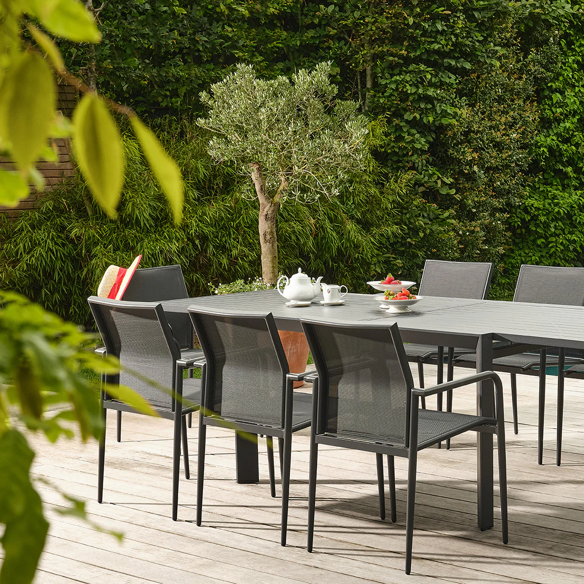 Conjunto de jardín de aluminio y textilene extensible, color gris, para 6-10 personas. - Image 3