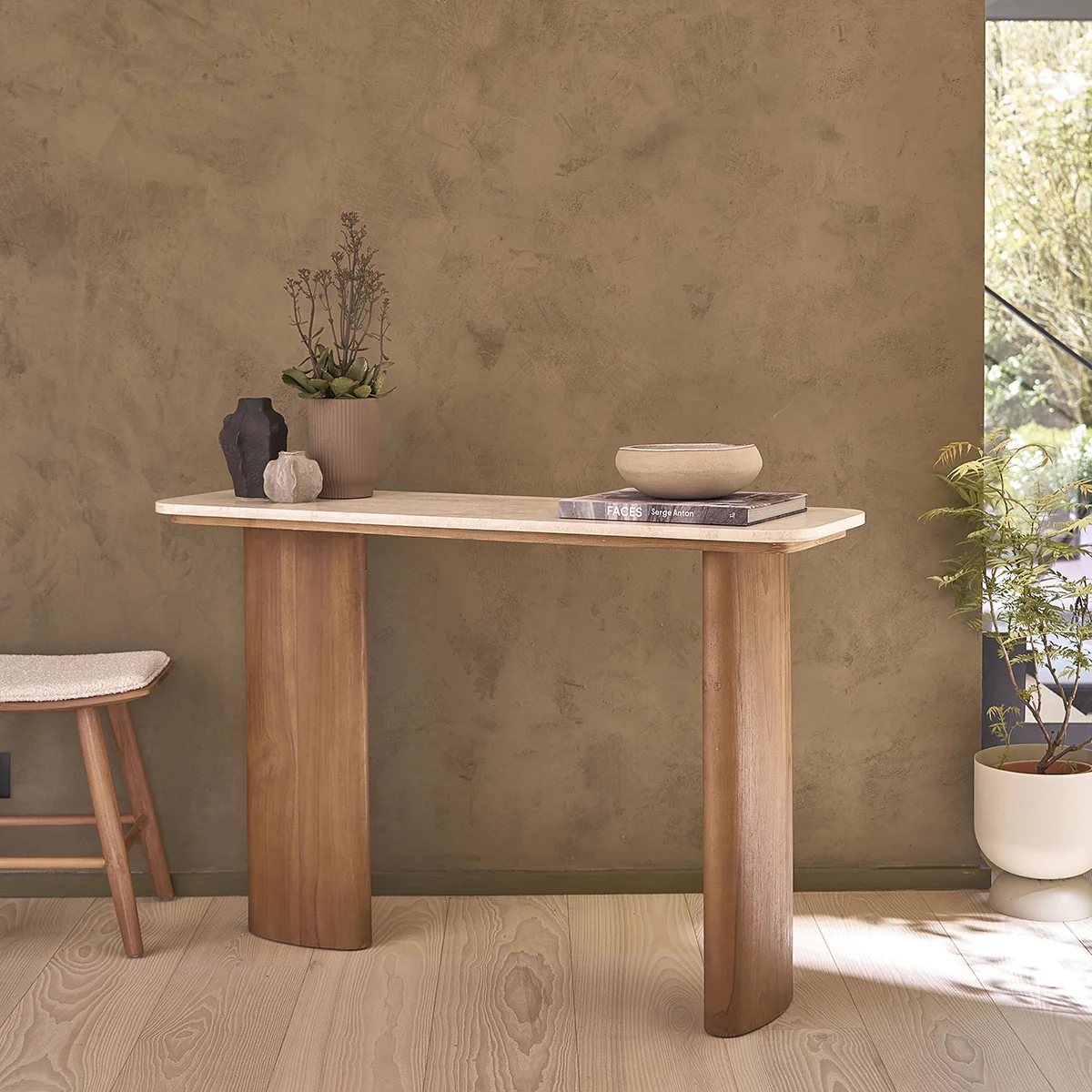 Consola de teca maciza y mármol 120 cm - Image 3