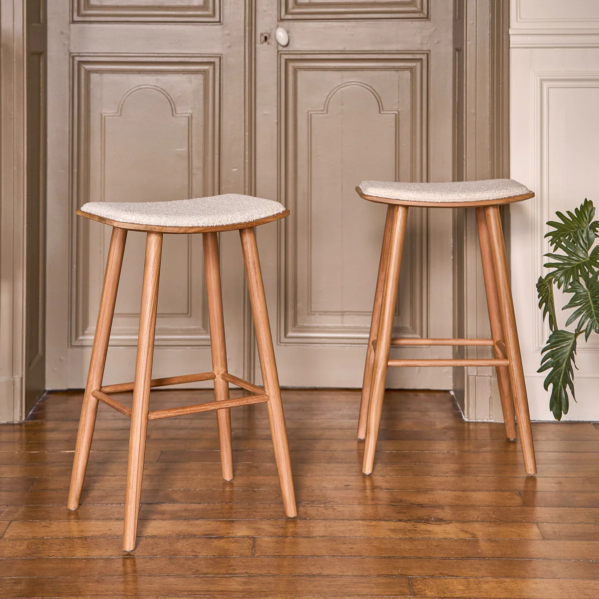 Lote de 2 taburetes de teca maciza, asiento bouclette 75 cm - Image 3