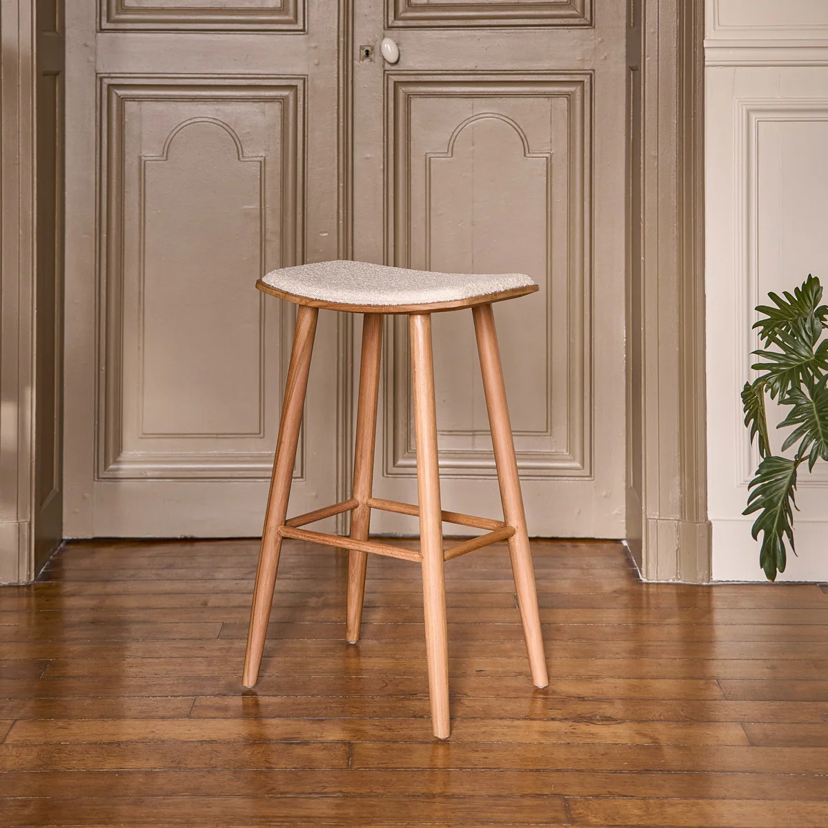 Lote de 2 taburetes de teca maciza, asiento bouclette 75 cm - Image 4
