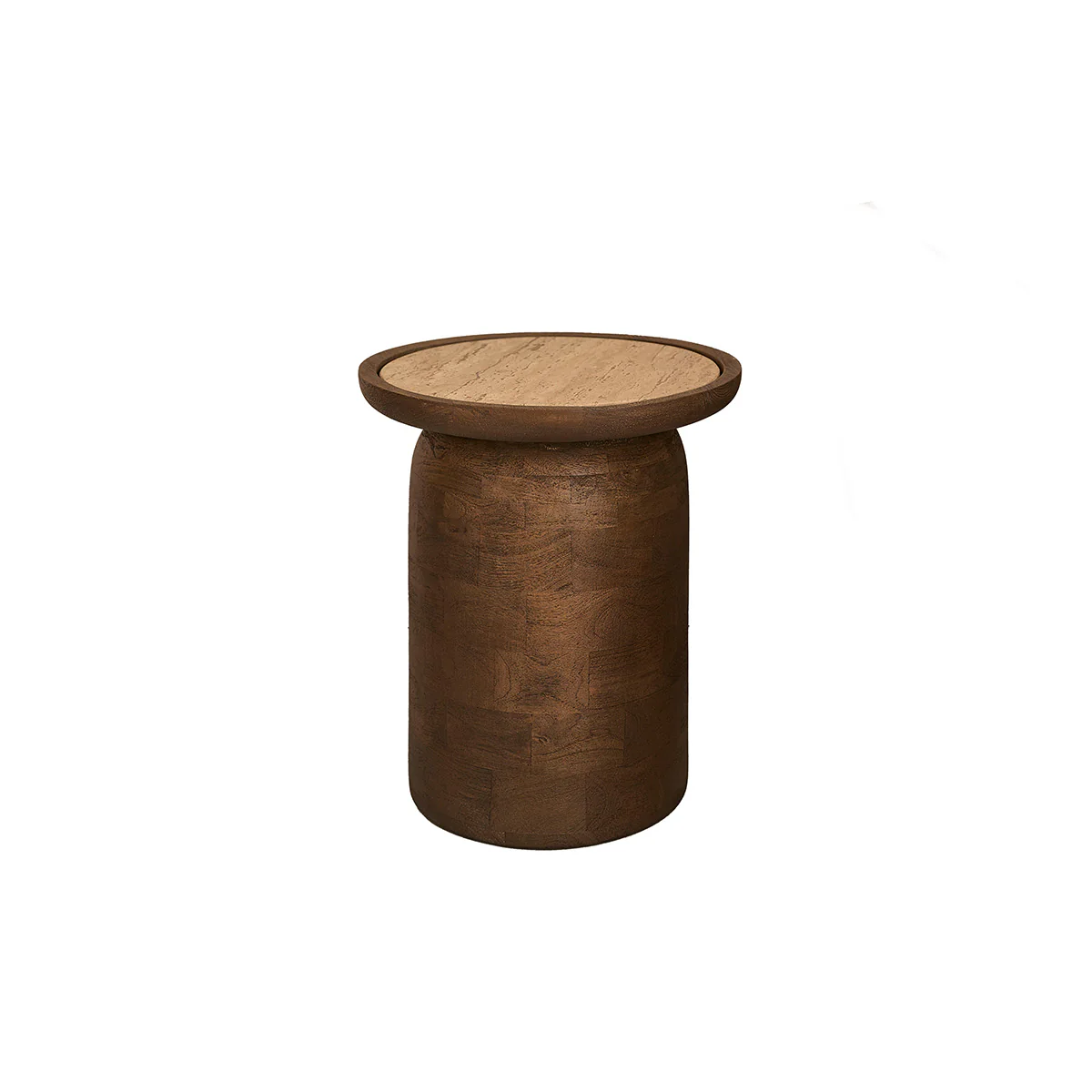 Mesa auxiliar de madera de mango y travertino redonda - Image 2