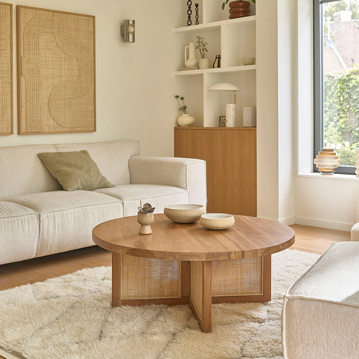 Mesa de centro de teca maciza pata rejilla Ø 100 cm