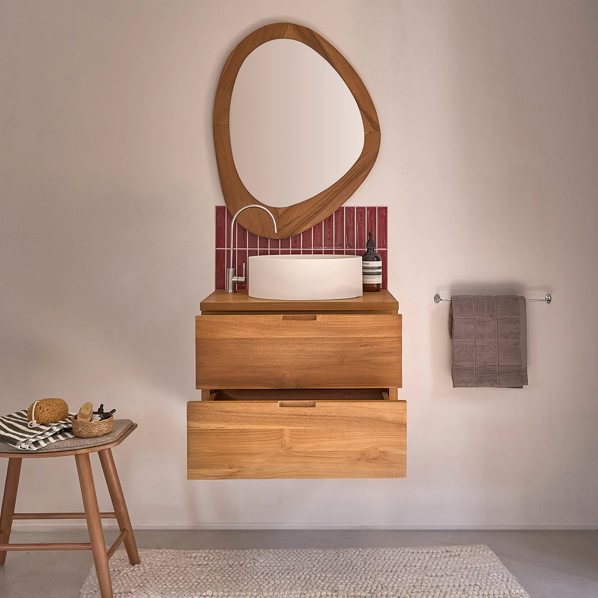 Mueble bajo lavabo suspendido de teca maciza de 60 cm - Image 3