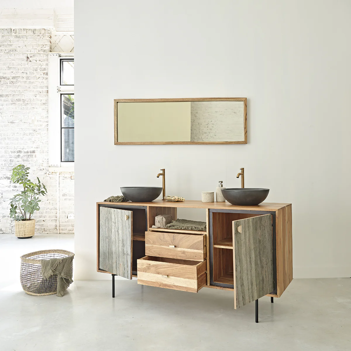 Mueble para lavabo de acacia maciza y piedra de 155 cm - Image 3