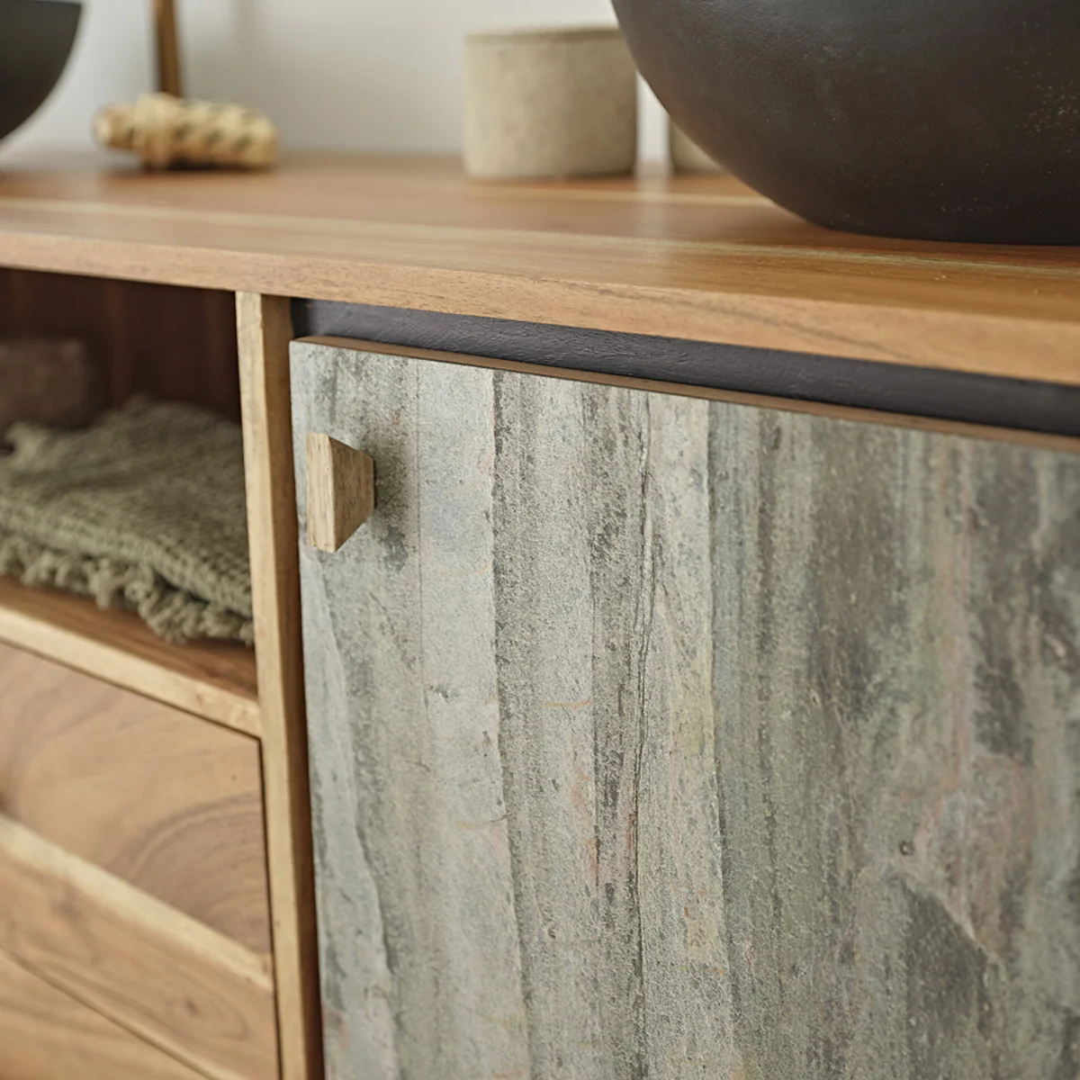 Mueble para lavabo de acacia maciza y piedra de 155 cm - Image 5