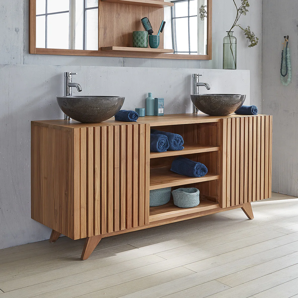 Mueble de lavabo de teca maciza 160 cm con listones - Image 3