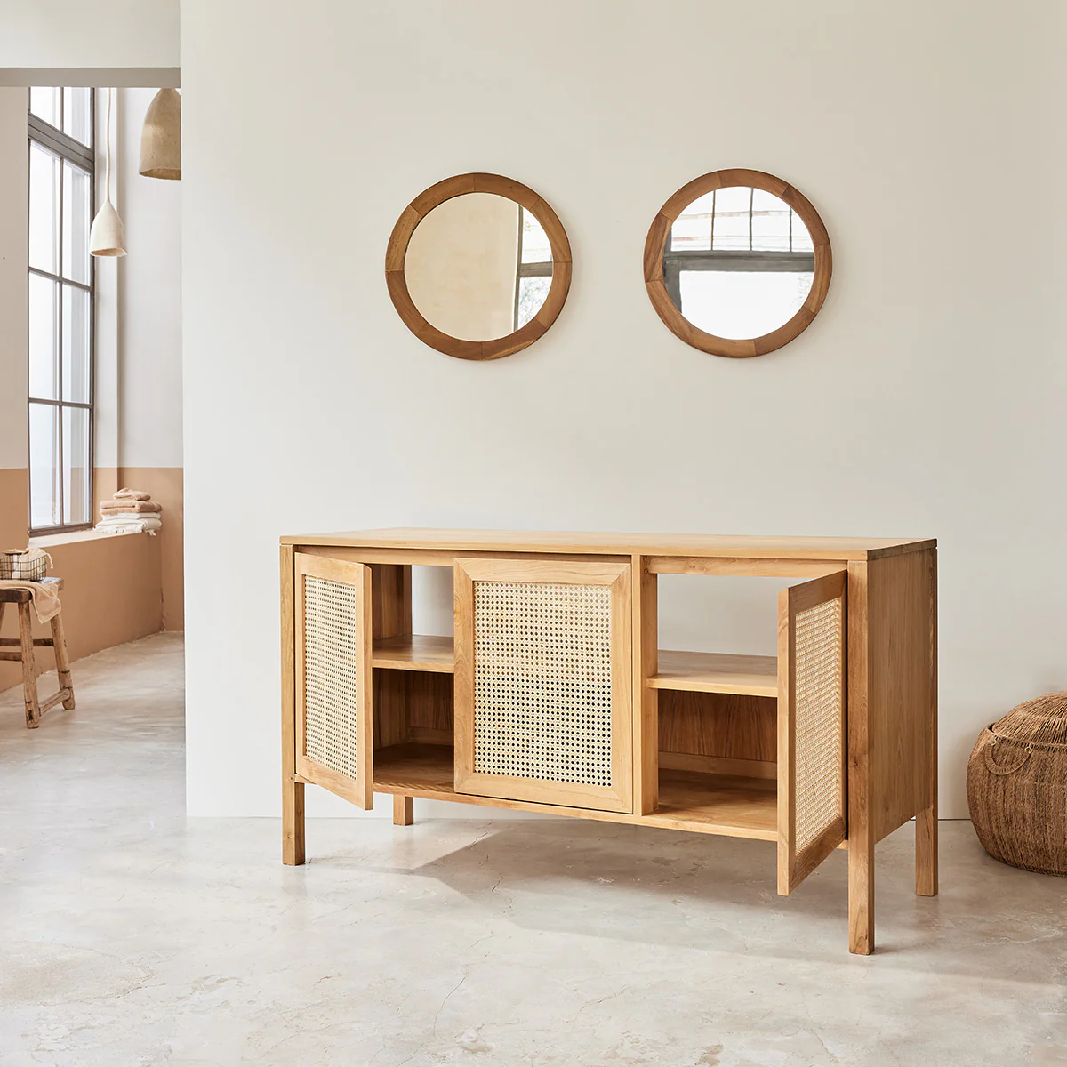 Mueble de lavabo de teca maciza y rejilla 145 cm - Image 4