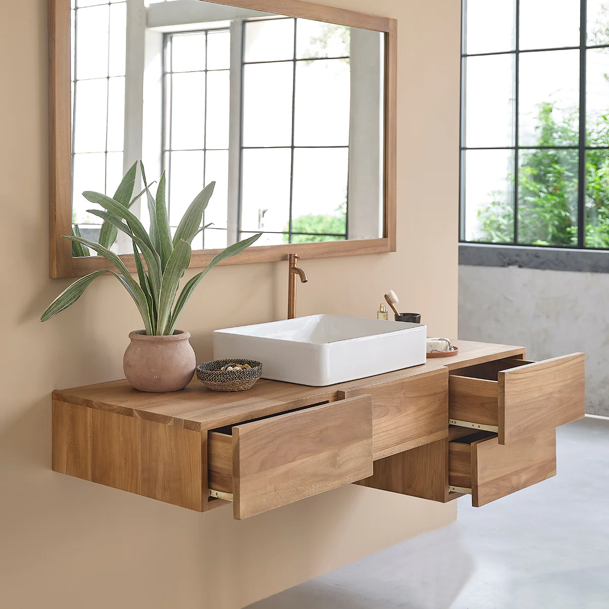 Mueble de lavabo de teca maciza suspendido 145 cm - Image 3