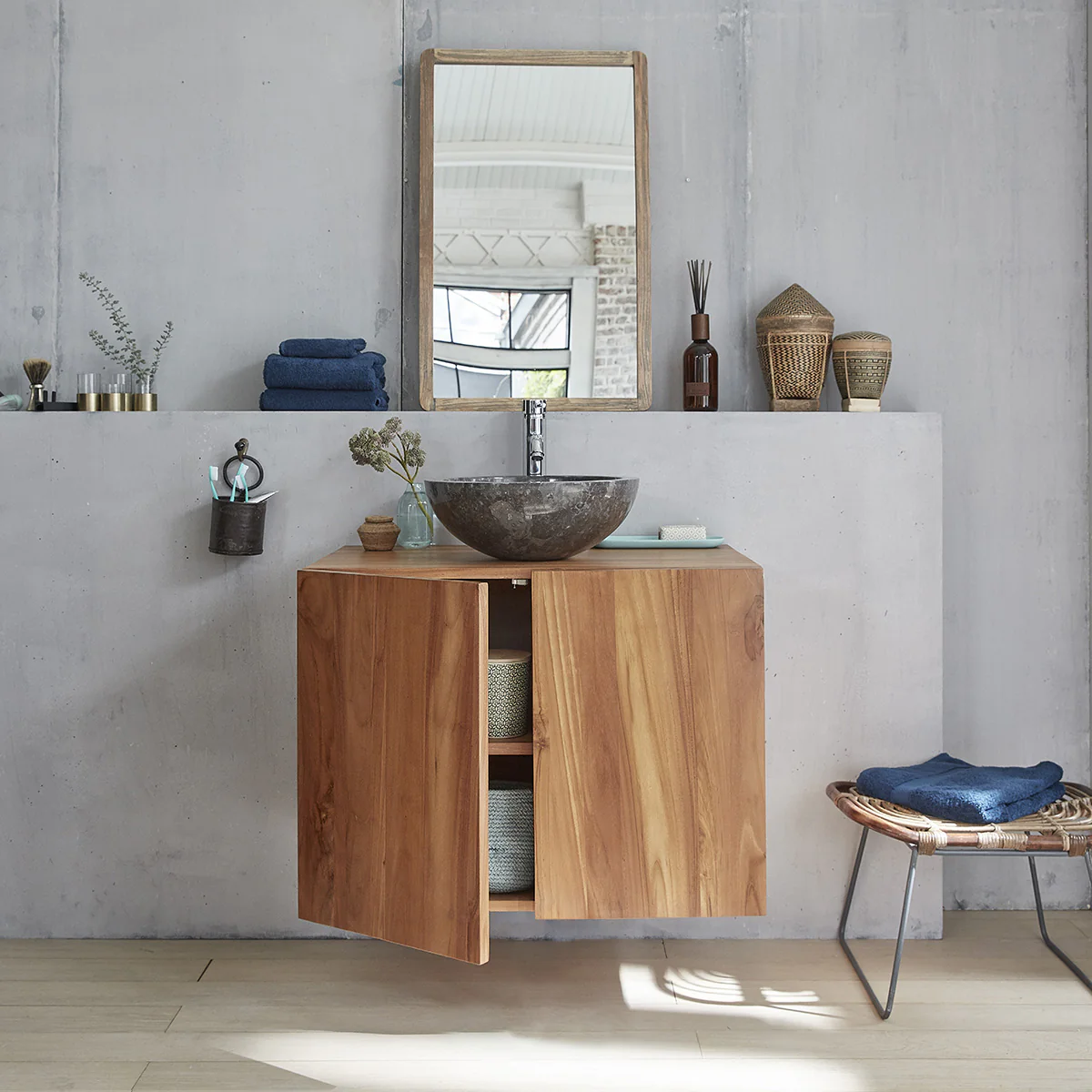 Mueble de lavabo de teca maciza suspendido 80 cm - Image 3