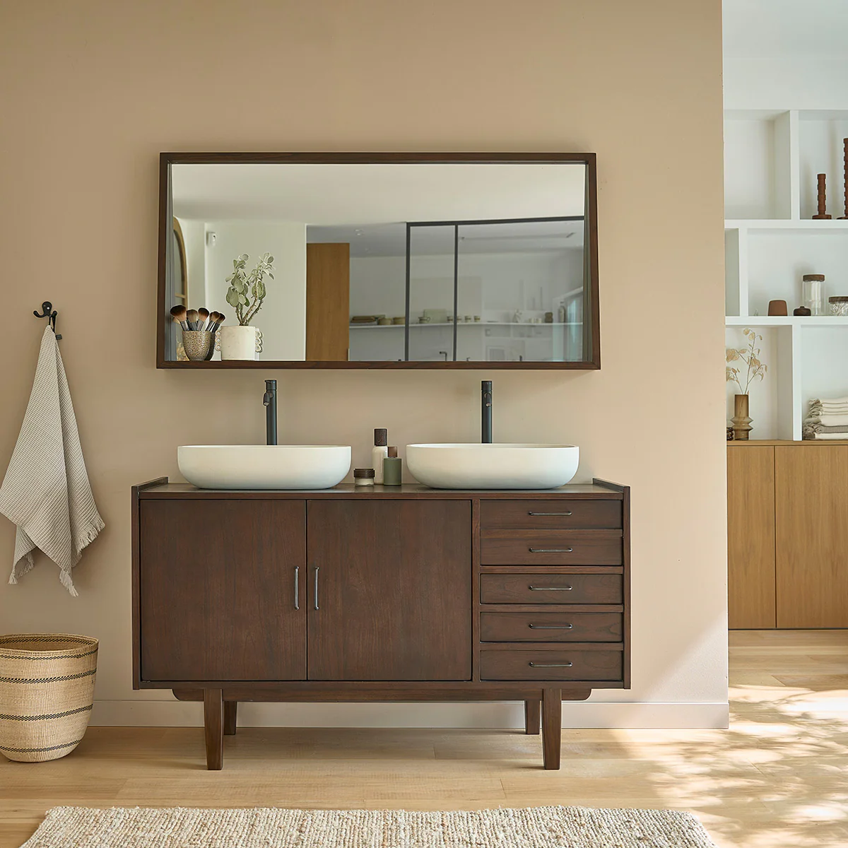 Mueble de baño de mindi macizo 135 cm cajones