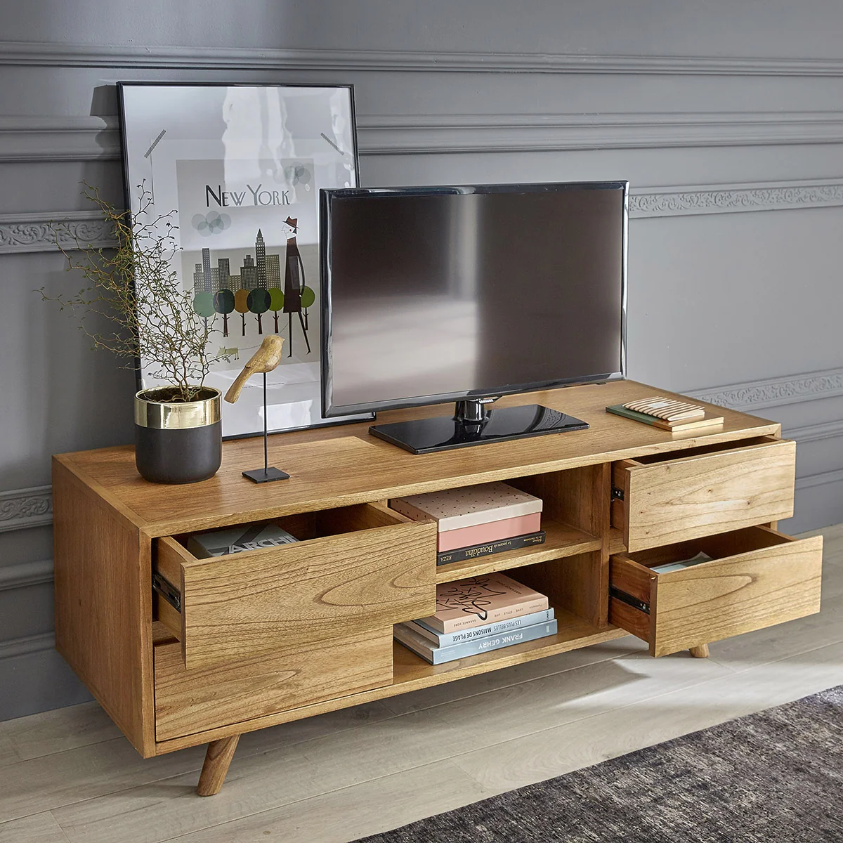Mueble de TV de mindi macizo 140 cm - Image 3