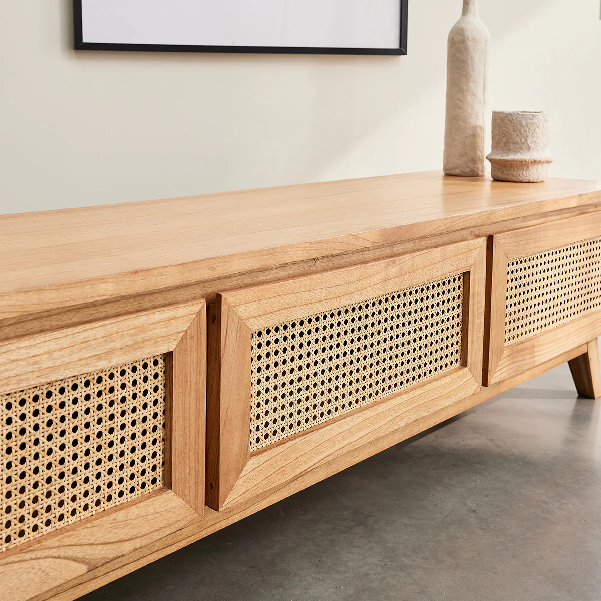 Mueble de TV de mindi macizo y rejilla 160 cm - Image 6