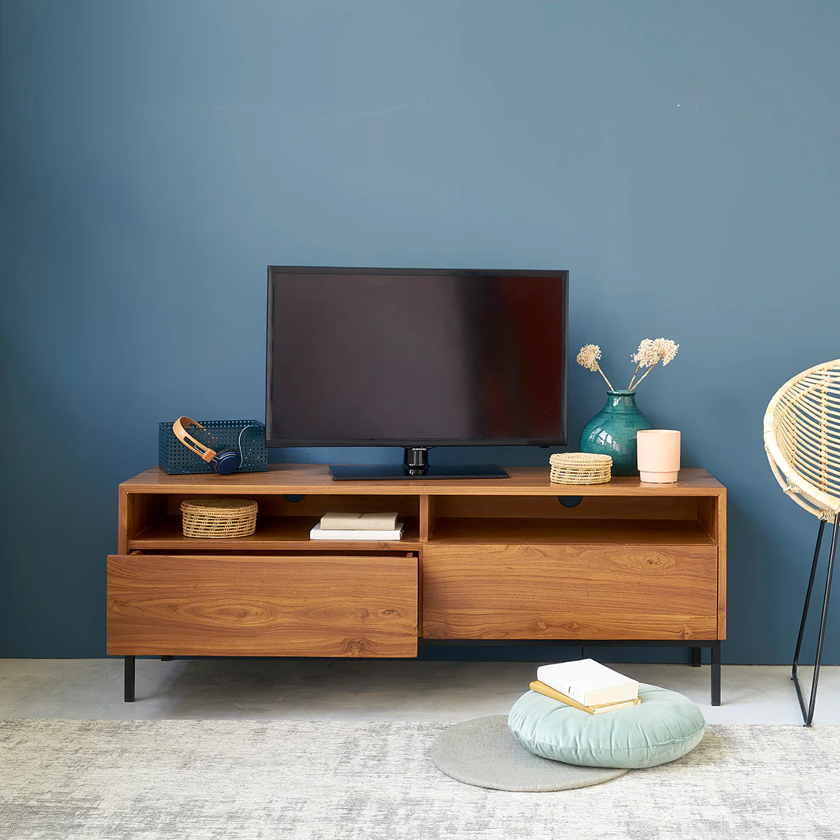 Mueble de TV de teca maciza y metal 140 cm - Image 3