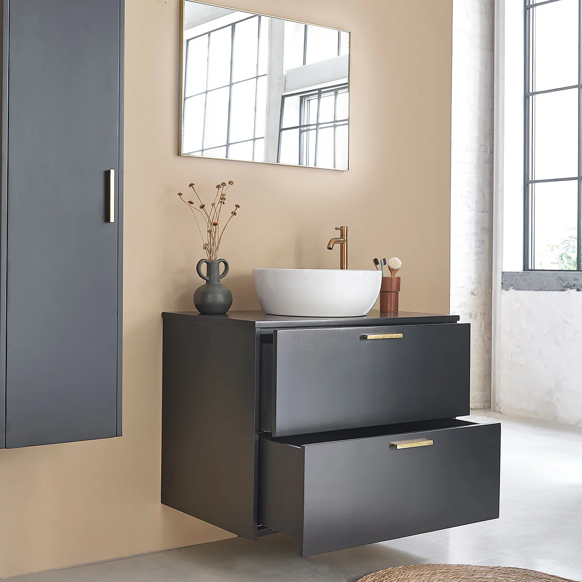 Mueble suspendido para lavabo de acacia maciza negra de 80 cm - Image 3