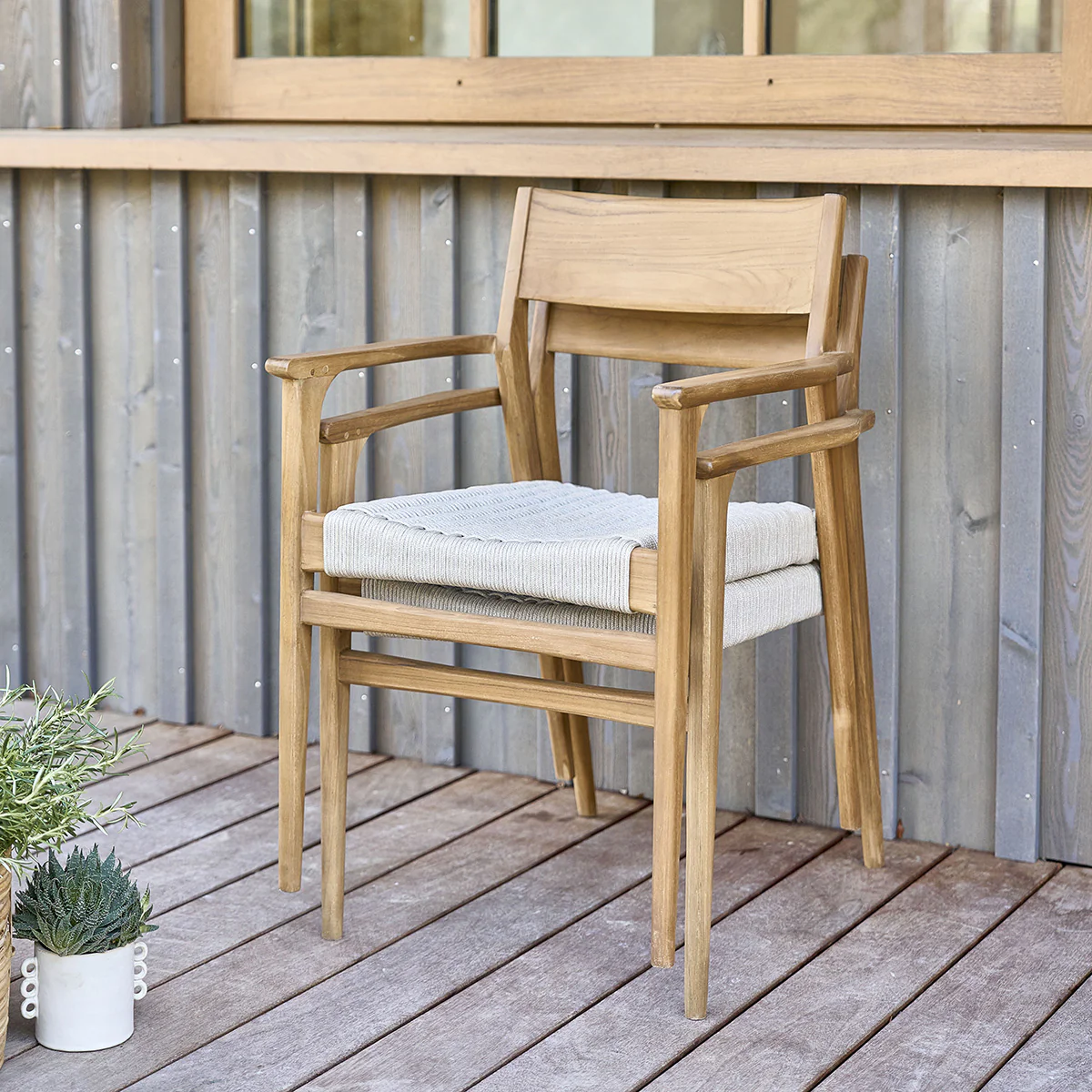 Sillón de jardín de teca maciza y cuerda beige (lote de 2) - Image 3