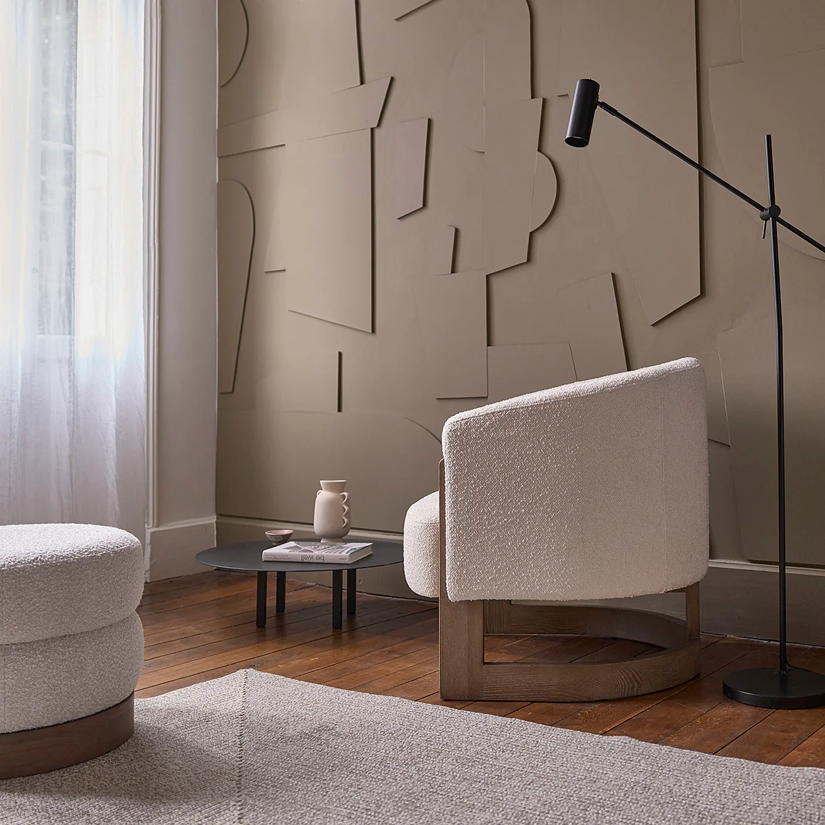 Sillón de roble macizo y tejido bouclette crudo - Image 3