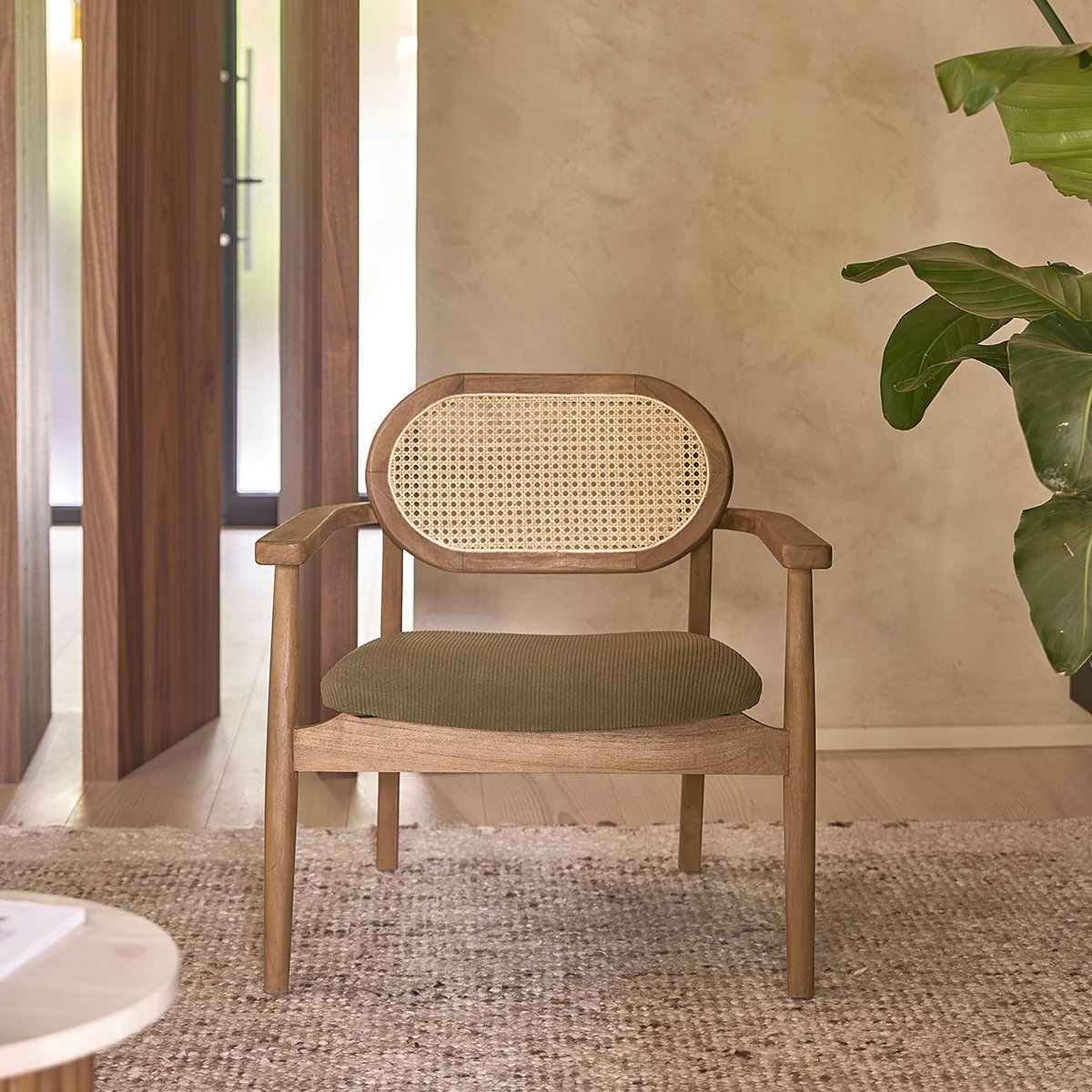 Sillón de teca maciza, rejilla y tejido de terciopelo caqui - Image 3