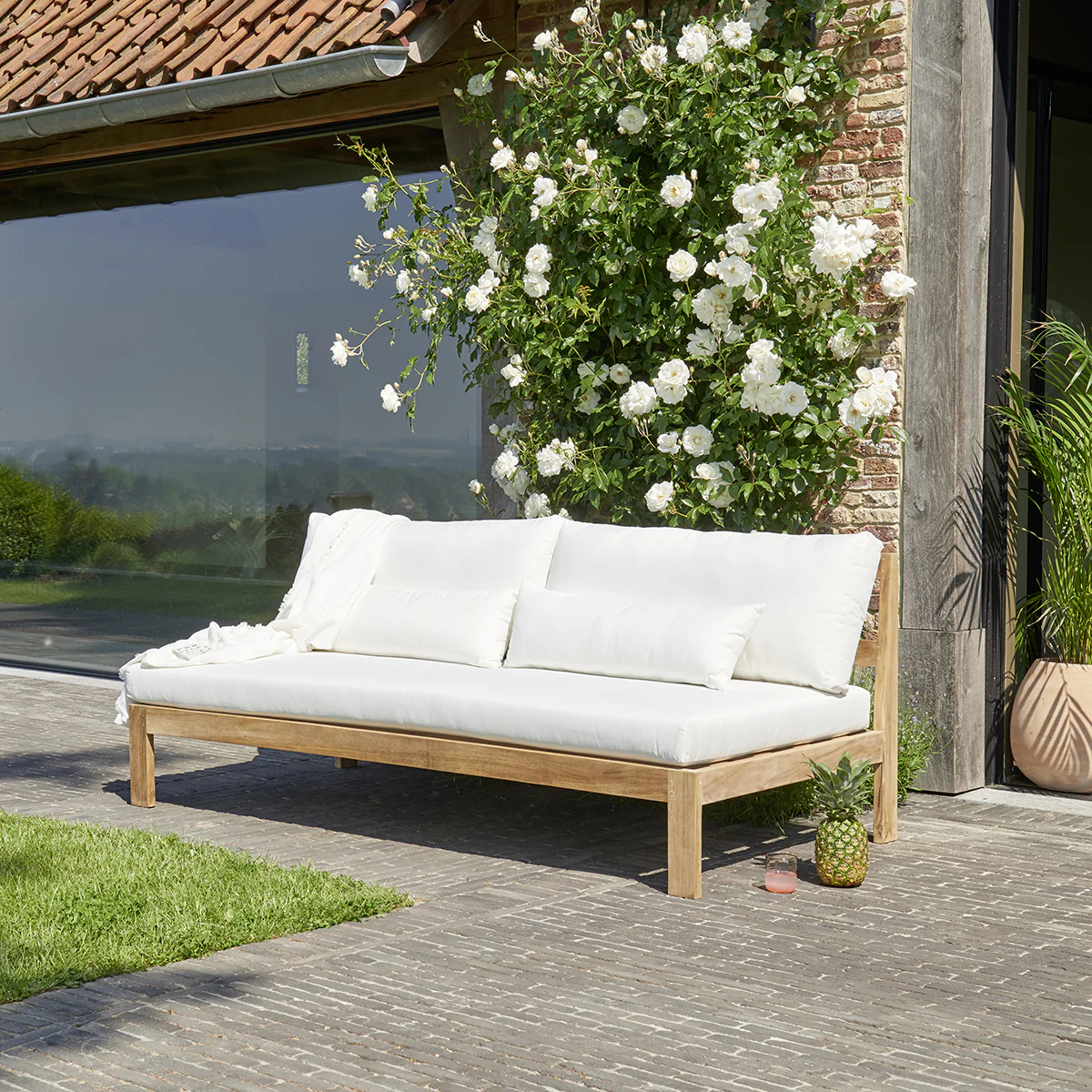 Sofá de exterior de teca maciza blanca de 3 pers. - Image 3