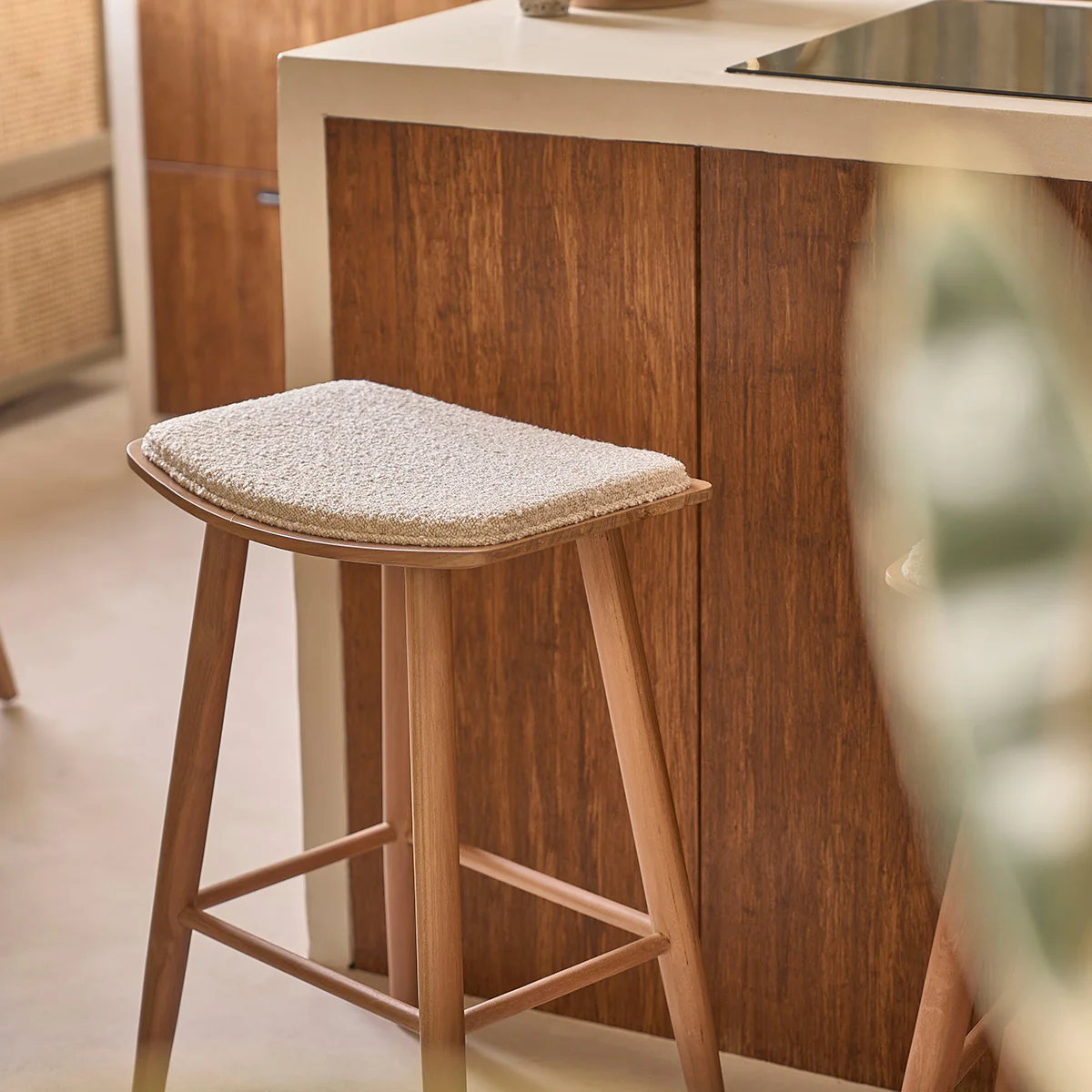 Taburete de teca maciza, asiento de bouclette 75 cm - Image 7