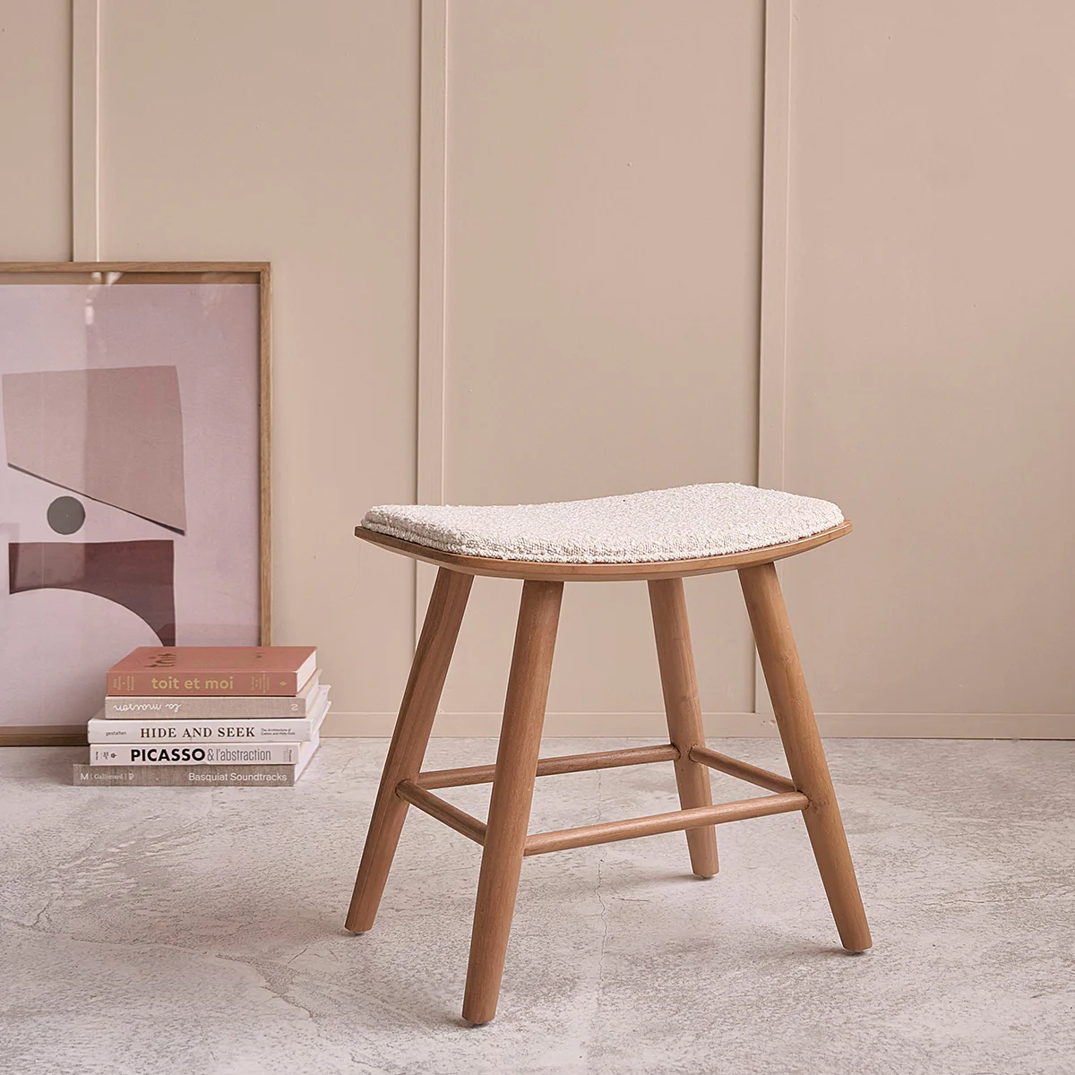Taburete de teca maciza, asiento de bouclette 45 cm